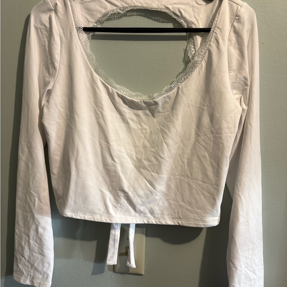 Target White Long Sleeve Scoop Neck Lace-Trim Top